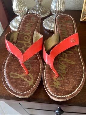 Sam Edelman Bright Coral Orange Leather Cork-Style Wedge Thong Sandals Size 9